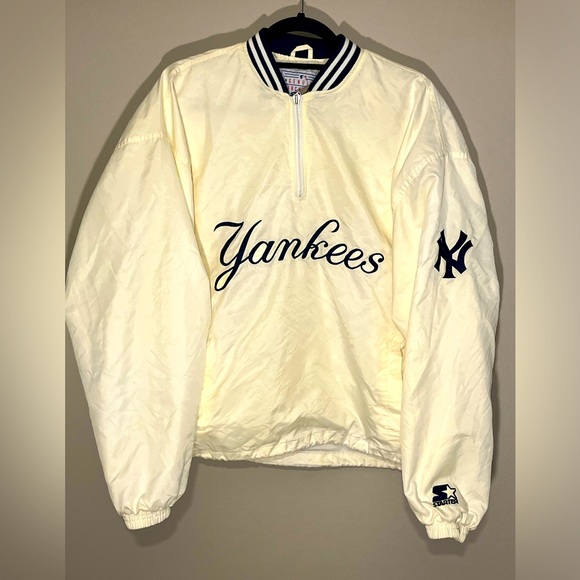 VTG New York Yankees White Starter Genuine 1/4 Zip Pullover Jacket Medium (E) - Picture 1 of 15
